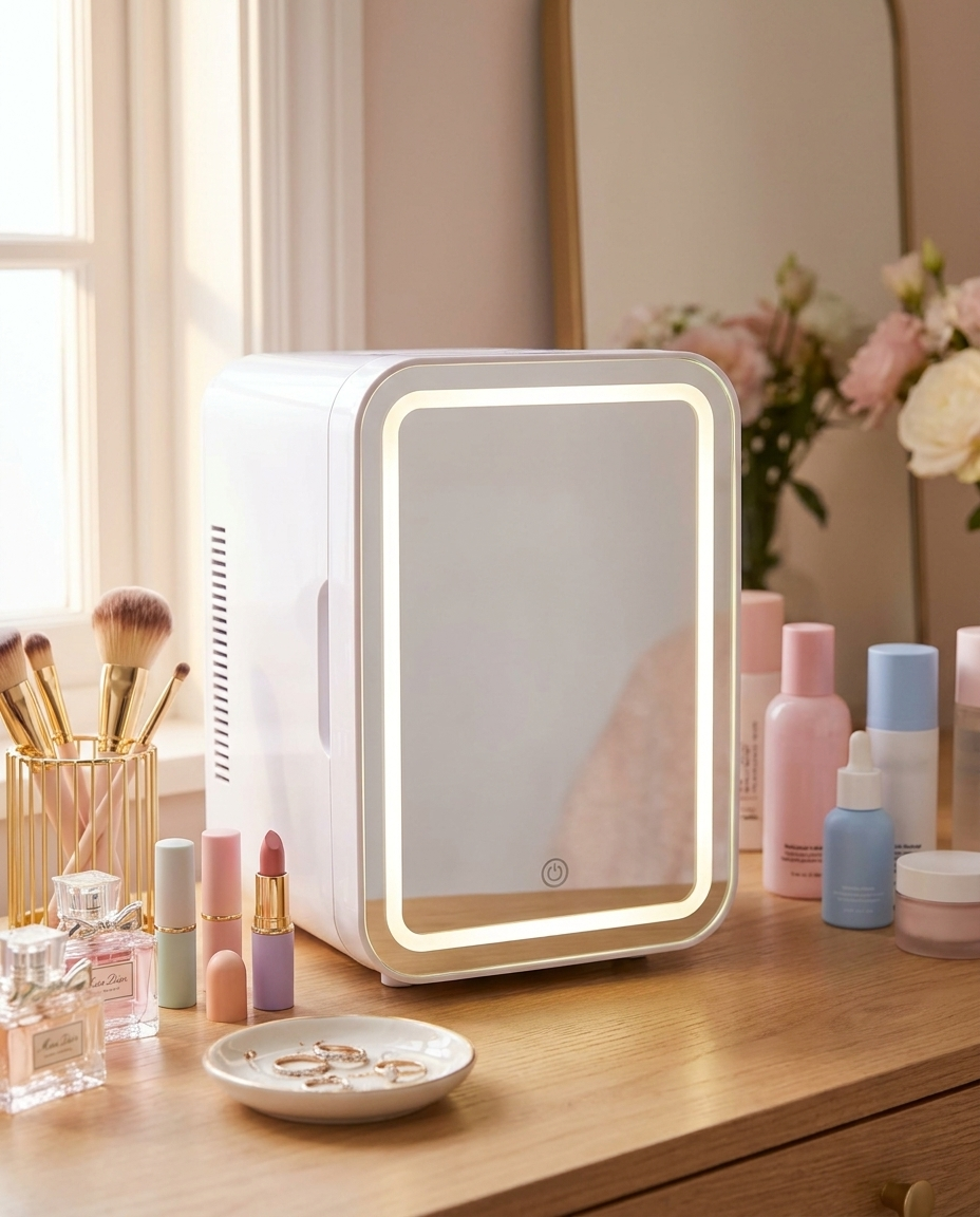Mini Frigo Skincare 4L avec Miroir LED posé sur une coiffeuse
